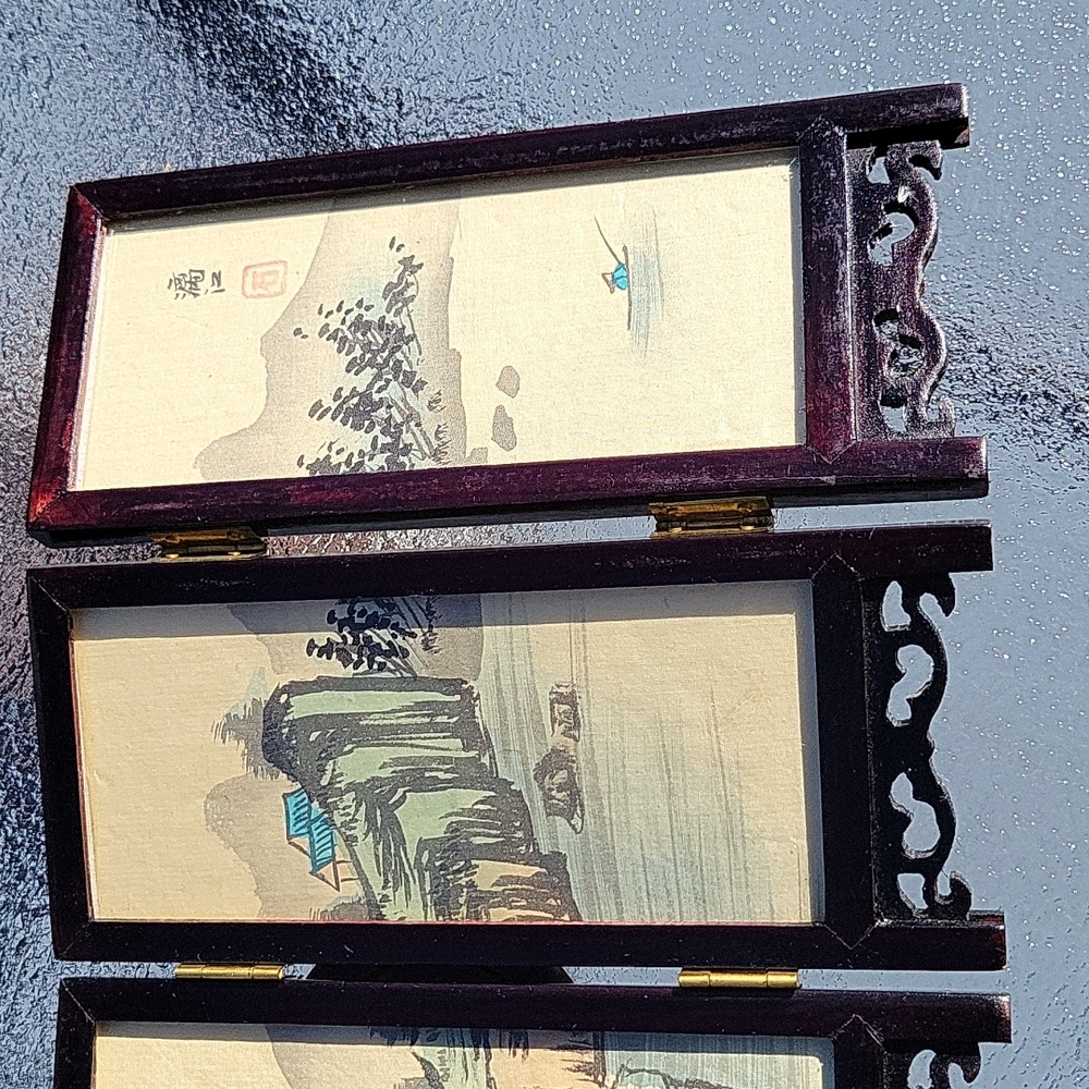 Vintage Chinese 4 Panel Mini Screen Artist Hand Painted Silk Lacquer Wood Glass - Picture 11 of 13